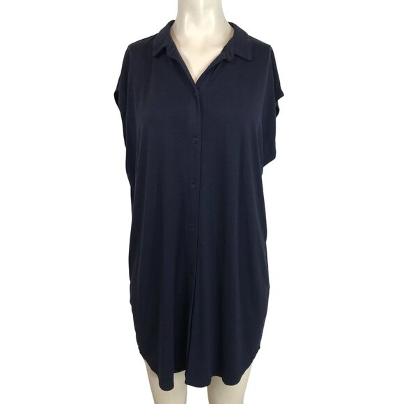 Eileen Fisher Tops - EILEEN FISHER - WOMEN'S LARGE - NAVY SHORT SLEEVE BUTTON UP TUNIC SHIRT BLOUSE